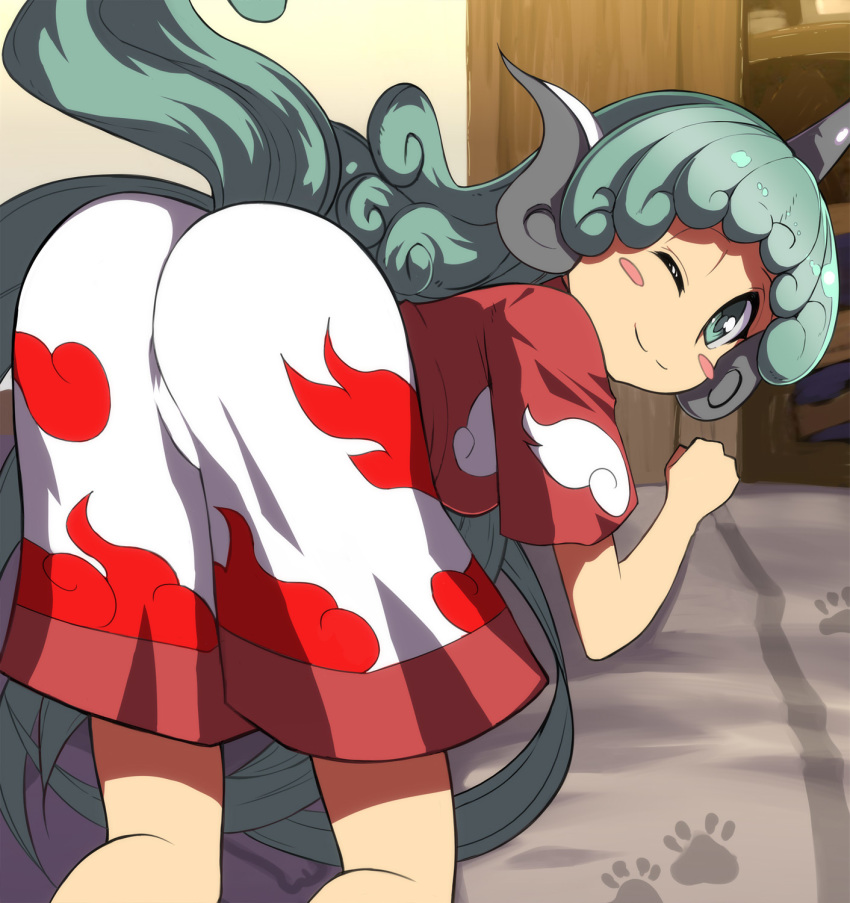 1girl ;) ass bangs blush_stickers commentary_request feet_out_of_frame green_eyes green_hair hand_up highres horn kariyushi_shirt komano_aun long_hair looking_at_viewer one_eye_closed paw_print red_shirt shirt shope short_sleeves shorts smile solo tail touhou very_long_hair white_shorts