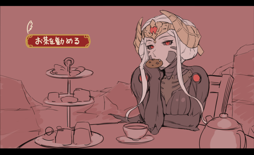 1girl black_sclera commentary_request cookie curled_horns fire_emblem fire_emblem:_three_houses food food_in_mouth headpiece hegemon_edelgard horns long_hair mikoyan monster_girl red_eyes sketch solo spoilers translation_request updo white_hair