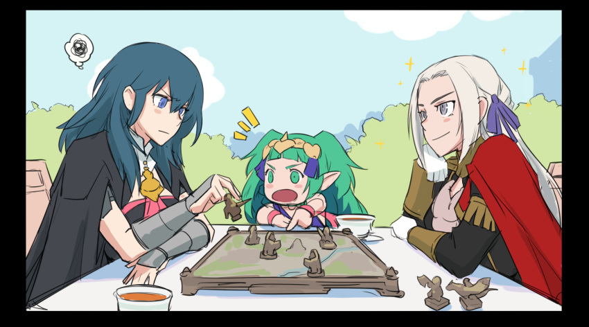 3girls blue_sky board_game byleth_(fire_emblem) byleth_(fire_emblem)_(female) cape chess chess_piece chessboard cup edelgard_von_hresvelg fire_emblem fire_emblem:_three_houses garreg_mach_monastery_uniform green_hair long_hair looking_at_another mikoyan multiple_girls silver_hair sky smile sothis_(fire_emblem) teacup upper_body