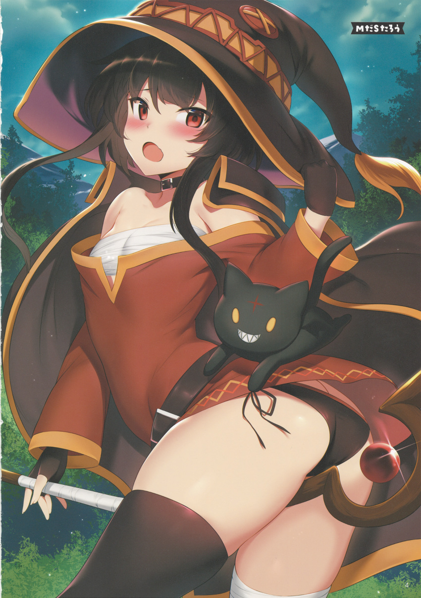 1girl artist_name artist_request bandaged_leg bandages belt black_hair black_legwear black_panties blush breasts brown_hair cape cat chomusuke dress fingerless_gloves gloves hat highres kono_subarashii_sekai_ni_shukufuku_wo! looking_at_viewer megumin open_mouth panties red_dress red_eyes short_hair single_thighhigh smile staff thighhighs underwear witch_hat