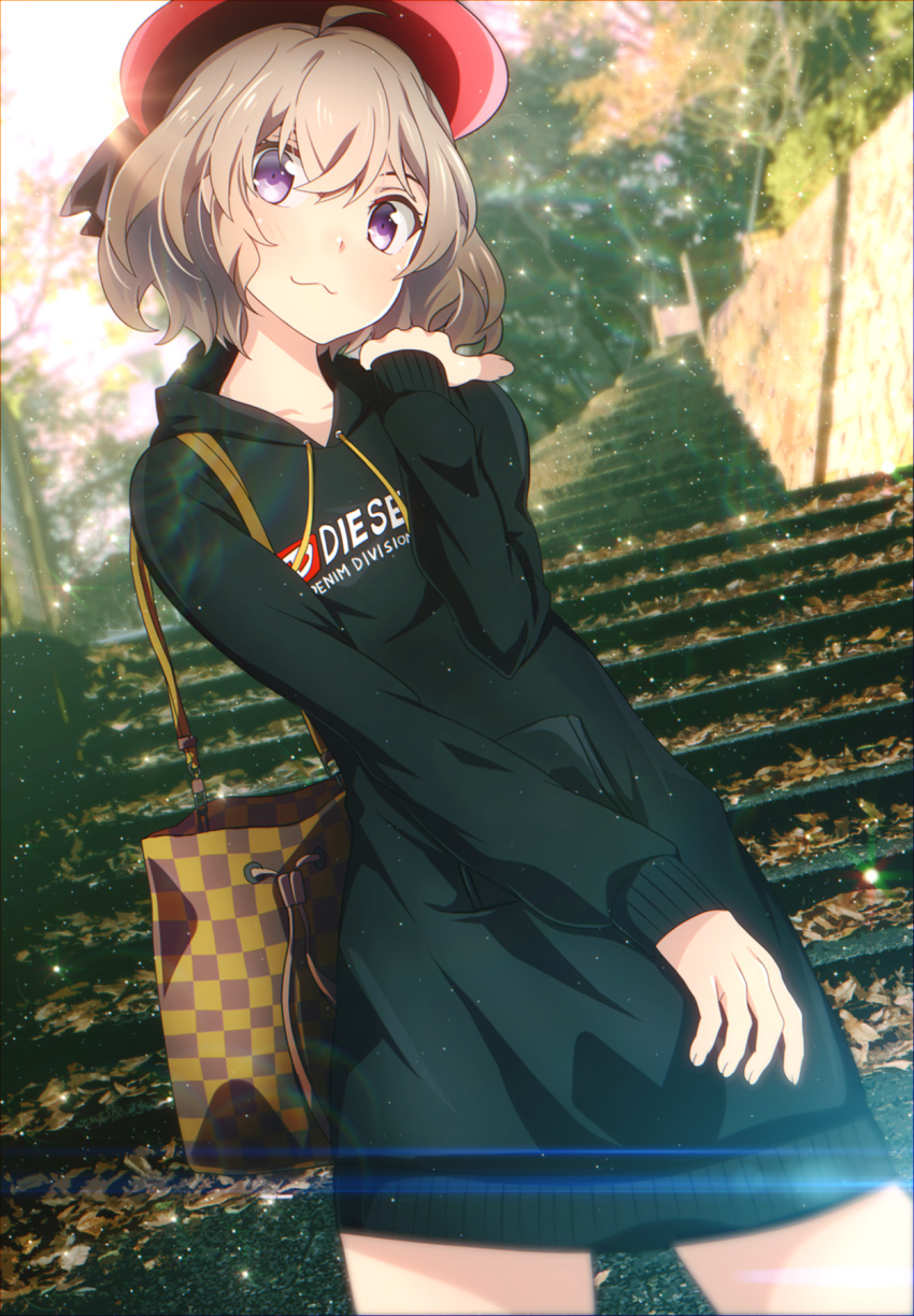 1girl alternate_costume autumn_leaves bag black_shirt brown_hair hand_up handbag highres iwanaga_kotoko kyokou_suiri long_sleeves outdoors photo_background purple_eyes red_hair shirt solo stairs standing tom_(drpow)