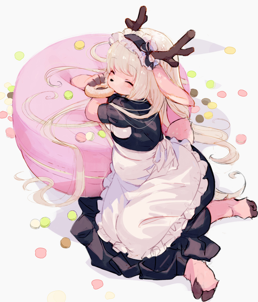 1girl animal_ears antlers apron arm_rest black_dress blonde_hair closed_eyes commentary_request doughnut dress eating food furry highres hooves kishibe long_hair macaron maid maid_headdress original paws reindeer_antlers reindeer_ears reindeer_tail simple_background sitting solo tail white_apron white_background