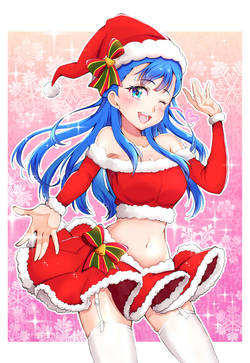 1girl ;d bangs blue_eyes blue_hair blush breasts cleavage cowboy_shot eyebrows_visible_through_hair floating_hair fur-trimmed_hat fur-trimmed_skirt garter_straps hat highres hugtto!_precure kaatsukun long_hair looking_at_viewer medium_breasts midriff miniskirt navel off_shoulder one_eye_closed open_mouth outstretched_hand pleated_skirt precure red_headwear red_skirt santa_costume santa_hat shiny shiny_hair skirt smile snowflakes solo standing stomach thighhighs white_legwear yakushiji_saaya zettai_ryouiki