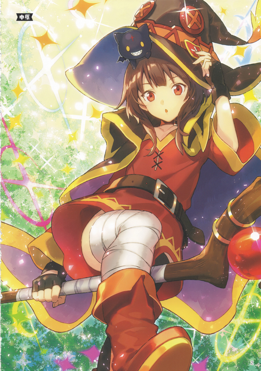 1girl artist_name artist_request bandaged_leg bandages belt black_hair black_legwear blush breasts brown_hair cape chomusuke dress fingerless_gloves gloves hat highres huge_filesize kono_subarashii_sekai_ni_shukufuku_wo! looking_at_viewer megumin open_mouth red_dress red_eyes short_hair single_thighhigh solo sparkle staff thighhighs witch_hat