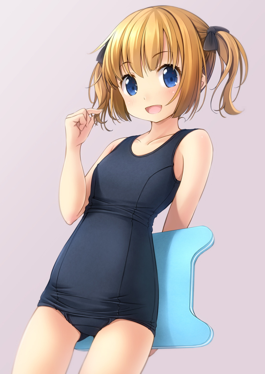 1girl :d bangs bare_arms bare_shoulders black_bow black_swimsuit blonde_hair blue_eyes blush bow breasts brown_background collarbone commentary_request eyebrows_visible_through_hair fang hair_bow hair_tousle hand_up highres kickboard looking_at_viewer old_school_swimsuit one-piece_swimsuit open_mouth original school_swimsuit shibacha simple_background small_breasts smile solo swimsuit twintails