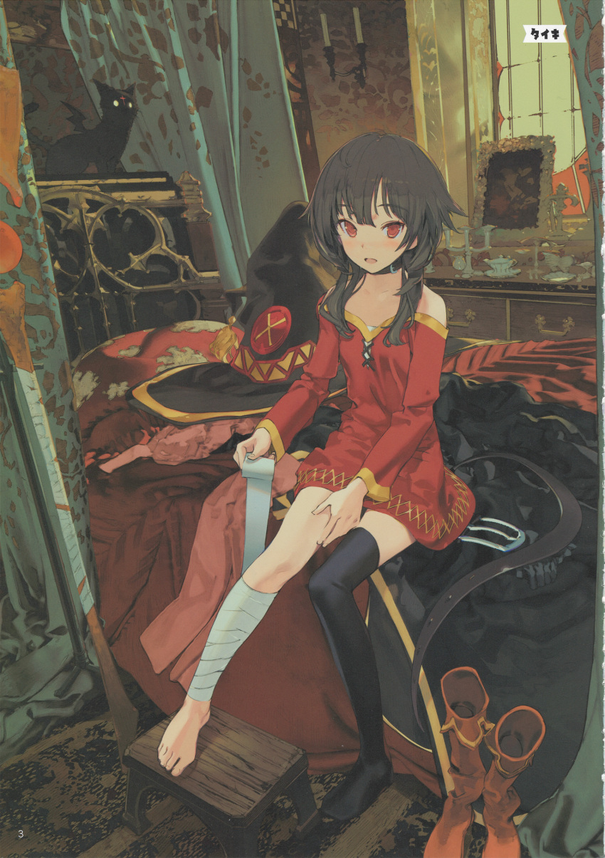 1girl artist_name artist_request bandaged_leg bandages bed belt black_hair black_legwear blush breasts brown_hair cape cat chomusuke dress dressing fingerless_gloves gloves hat highres kono_subarashii_sekai_ni_shukufuku_wo! looking_at_viewer megumin open_mouth red_dress red_eyes short_hair single_thighhigh sitting solo source_request staff thighhighs witch_hat