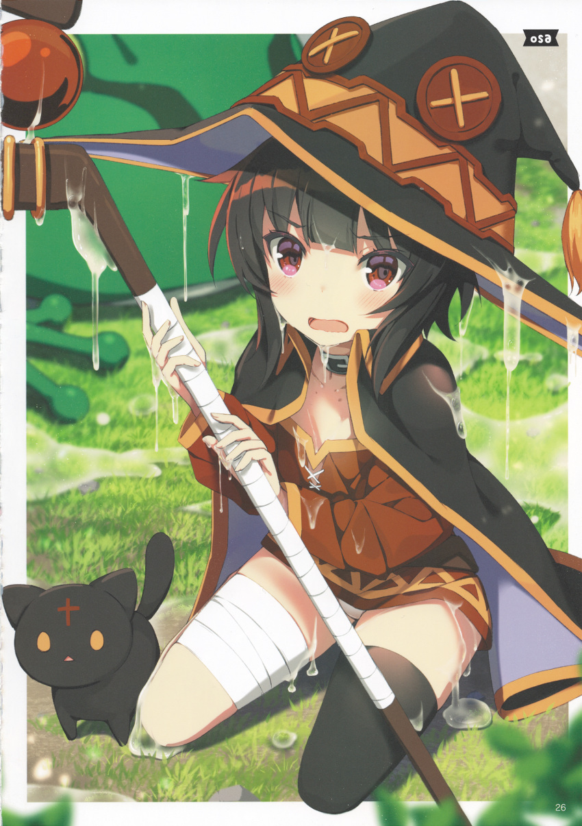 1girl artist_name artist_request bandaged_leg bandages belt black_hair black_legwear blush breasts cape cat chomusuke dress fingerless_gloves gloves hat highres kono_subarashii_sekai_ni_shukufuku_wo! looking_at_viewer megumin open_mouth red_dress red_eyes short_hair single_thighhigh slime smile solo source_request staff thighhighs witch_hat