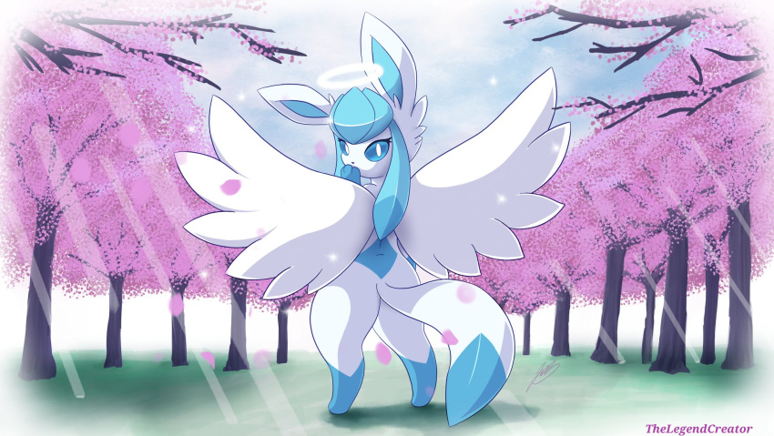 angel anthro blue_body blue_eyes blue_markings butt butt_pose cherry_blossom dipstick_tail ears_up eeveelution eyelashes female glaceon halo hi_res leg_markings long_tail looking_at_viewer looking_back markings multicolored_tail nintendo outside plant pok&eacute;mon pok&eacute;mon_(species) pose rear_view socks_(marking) solo spread_wings thelegendcreator video_games white_body wings