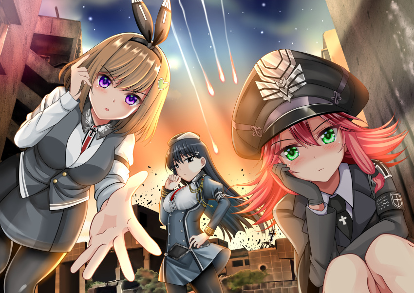 3girls absurdres ash_arms between_breasts black_eyes black_hair blush breasts brown_hair building commentary_request explosion fire gloves green_eyes hair_between_eyes hat highres iron_cross long_hair maus_(ash_arms) military military_hat military_uniform millipen_(medium) multiple_girls necktie necktie_between_breasts ougi_(ihayasaka) pantyhose pov purple_eyes reaching_out red_hair short_hair sky traditional_media uniform