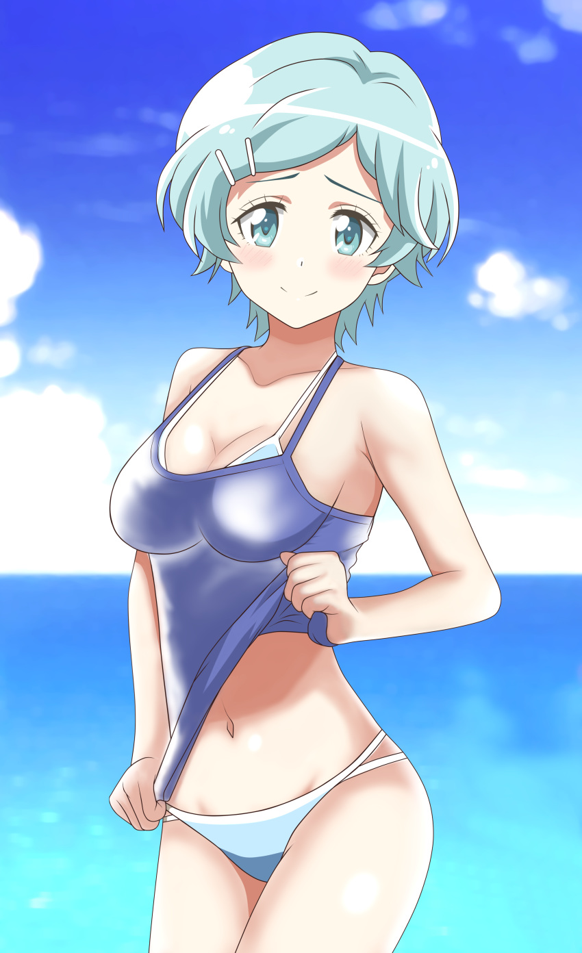 1girl absurdres achmad_faisal bikini blue_eyes blush breasts cleavage day hair_ornament hairclip highres houkago_saikoro_club light_blue_hair looking_at_viewer medium_breasts navel outdoors smile solo standing swimsuit takekasa_miki