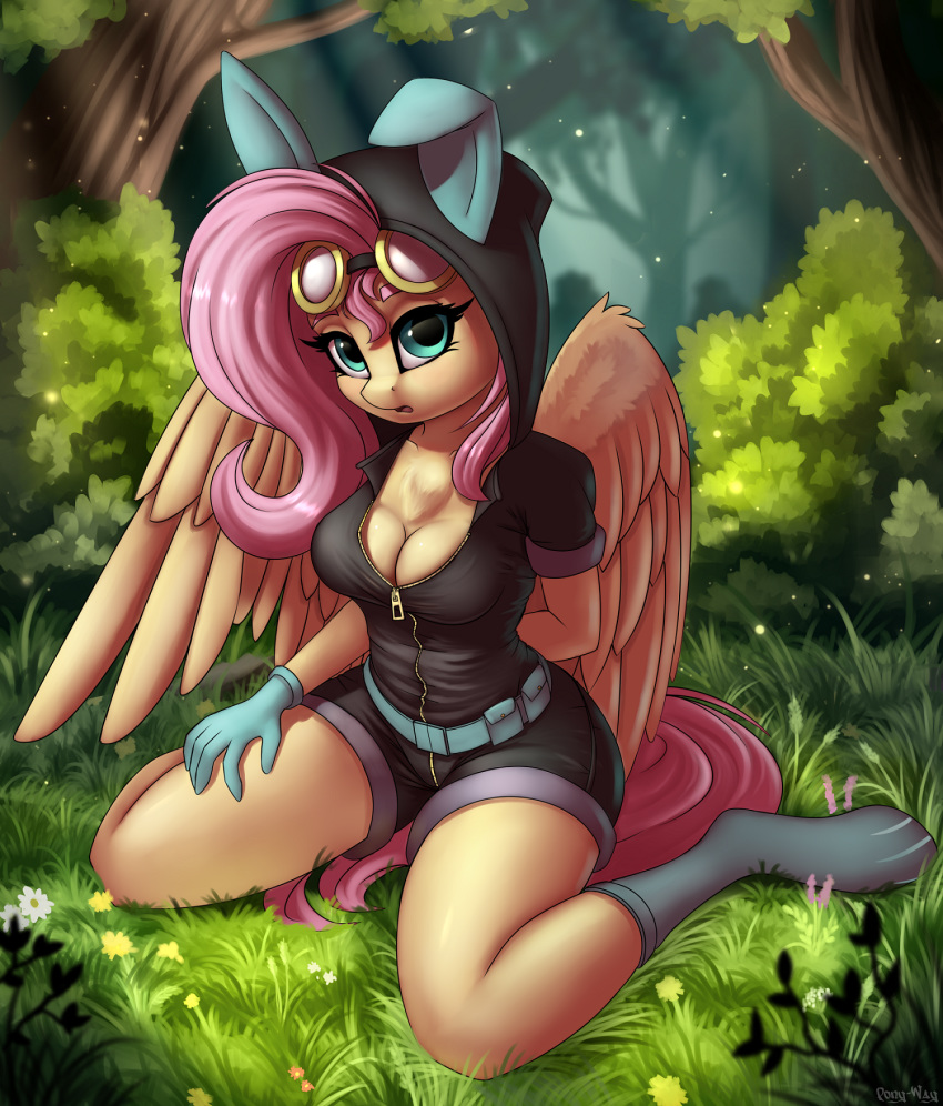 anthro big_breasts breasts bush_(disambiguation) cleavage clothed clothing equid equine eyewear female fluttershy_(mlp) friendship_is_magic goggles hi_res hoodie kneeling mammal my_little_pony outside pony-way pterippus solo topwear tree wings