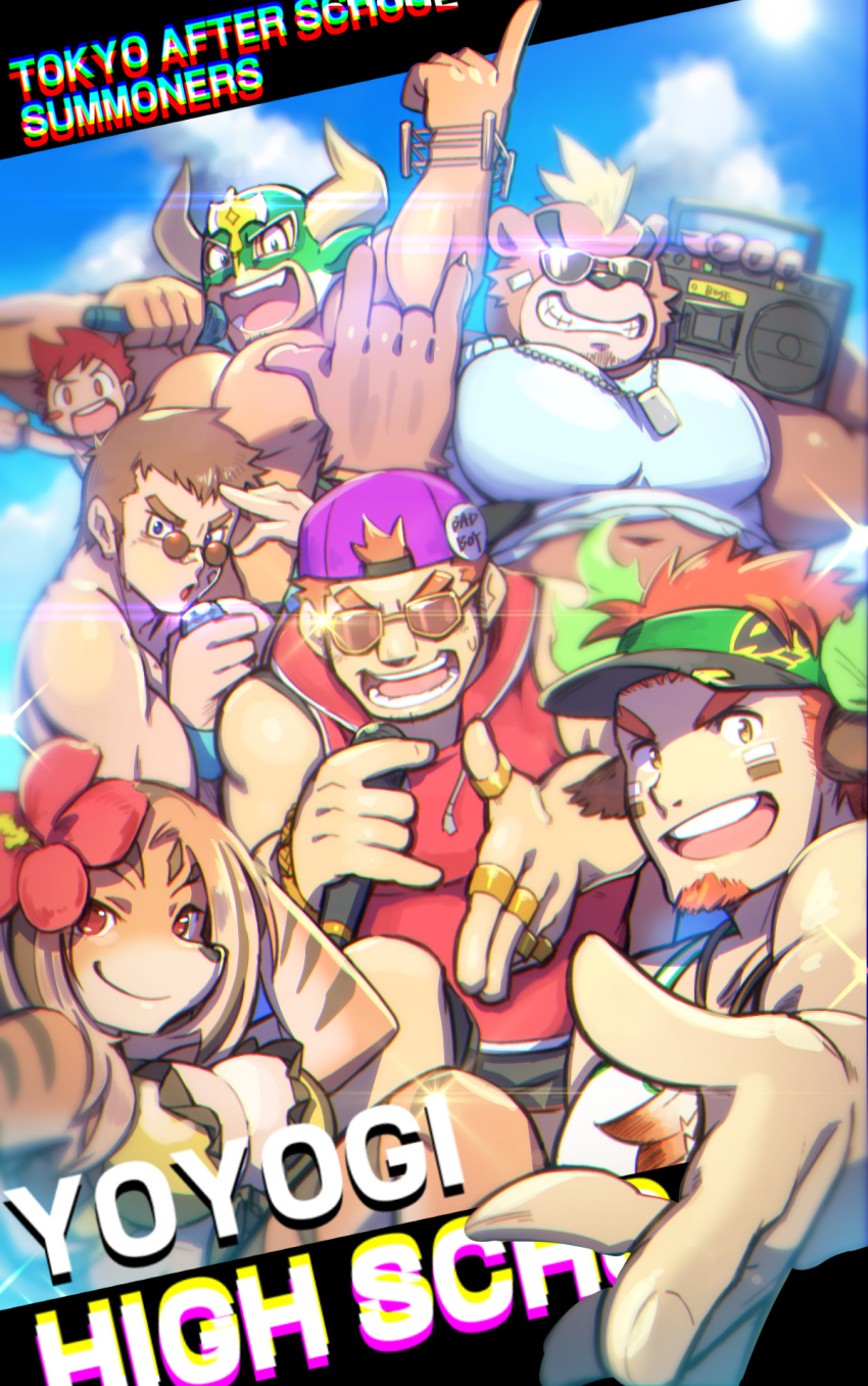 1girl 5boys ashigara_(tokyo_houkago_summoners) backwards_hat bara beard blue_eyes breasts character_request chest eyebrows facial_hair flower furry glasses green_horns gunzo_(tokyo_houkago_summoners) hair_flower hair_ornament hat highres jewelry looking_at_viewer male_focus microphone multiple_boys muscle necklace pectorals radio shirtless smile sweatdrop taurus_mask teeth tokyo_houkago_summoners wakan_tanka waku_(ayamix) wrestling_mask