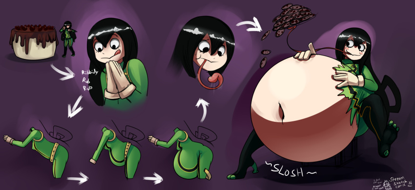 2016 amphibian amphibian_humanoid animal_humanoid asui_tsuyu belly big_belly black_hair cake clothing female food frog_humanoid gloves hair handwear hi_res humanoid long_hair metalforever midriff my_hero_academia navel overweight overweight_female sequence simple_background solo stuffing tongue tongue_out torn_clothing