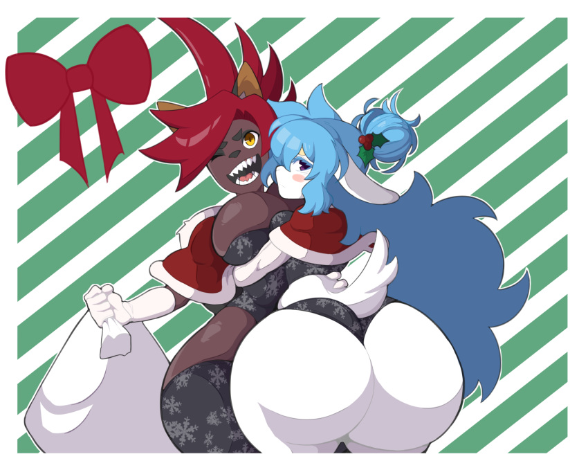 anthro big_breasts big_butt blush bovid bow breasts butt canid canine caprine christmas clothing duo female fluff_(vammzu) hat headgear headwear hi_res holidays hug huge_butt looking_back mammal pepper_(vammzu) rear_view thick_thighs thong underwear vammzu