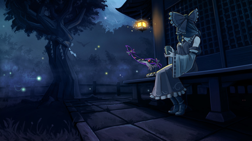 1girl absurdres ascot bench bird boots bow cup detached_sleeves eyes facing_away fireflies food food_request frilled_skirt frills gap glowing glowing_eyes hair_bow hair_tubes hakurei_reimu highres holding holding_cup lantern looking_to_the_side night night_sky outdoors rope shimenawa sitting sitting_on_bench skirt sky solo touhou tree u-joe yakumo_yukari