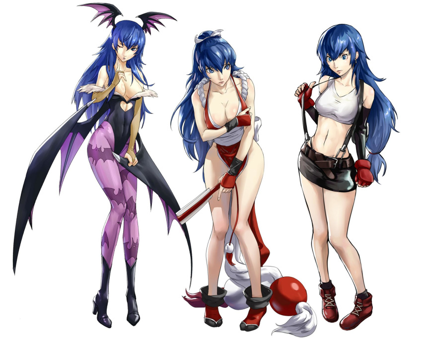 1girl alternate_costume alternate_hairstyle commentary commission cosplay crossover embarrassed final_fantasy final_fantasy_vii highres morrigan_aensland morrigan_aensland_(cosplay) ozkh6 persona persona_4 persona_x_detective shiranui_mai shiranui_mai_(cosplay) shirogane_naoto the_king_of_fighters tifa_lockhart tifa_lockhart_(cosplay) vampire_(game) video_game white_background