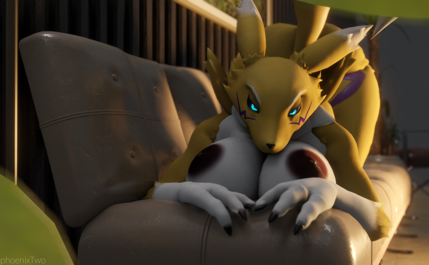 3d_(artwork) anthro areola ass_up bedroom_eyes big_areola big_breasts black_sclera blender_(software) breasts brown_areola digimon digimon_(species) digital_media_(artwork) eye_contact female fur furniture glowing glowing_eyes hi_res inside looking_at_another looking_at_viewer lying narrowed_eyes nipples nude on_front phoenixtwo pinup pose presenting presenting_breasts raised_tail renamon seductive sofa solo white_body white_fur yellow_body yellow_fur