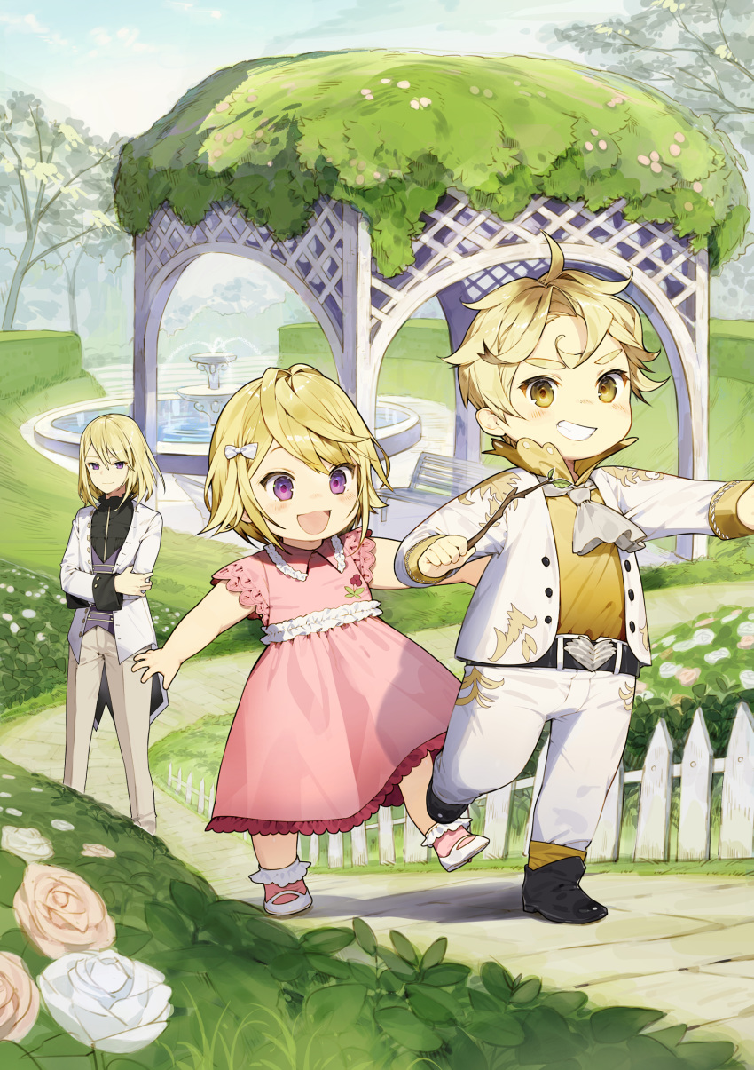1boy 2girls :d absurdres ahoge ascot belt black_belt black_footwear black_shirt blonde_hair blush bobby_socks boots bow branch brown_eyes brown_legwear brown_pants child commentary_request day dress fence flower fountain frilled_dress frills gazebo grey_neckwear grin hair_bow hedge_(plant) highres holding holding_branch jacket misoni_comi multiple_girls official_art open_clothes open_jacket open_mouth outdoors outstretched_arm pants park path picket_fence pink_dress pink_legwear purple_eyes purple_vest rose shirt shoes smile socks tensei_youjo_wa_akiramenai tree vest water white_bow white_flower white_footwear white_jacket white_pants white_rose wooden_fence