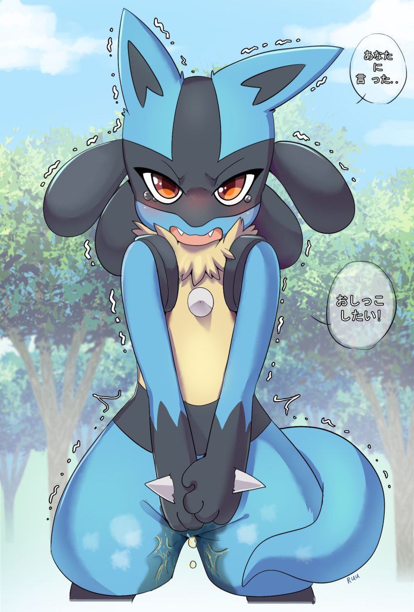 ambiguous_gender anthro black_body black_fur blue_body blue_fur bodily_fluids canid canine dialogue dripping dripping_urine fur genital_fluids hi_res holding_crotch japanese_text looking_at_viewer lucario mammal nintendo omorashi open_mouth orange_eyes outside peeing pok&eacute;mon pok&eacute;mon_(species) ruugiaruu shaking solo standing tears text translation_request trembling urine video_games wetting yellow_body yellow_fur