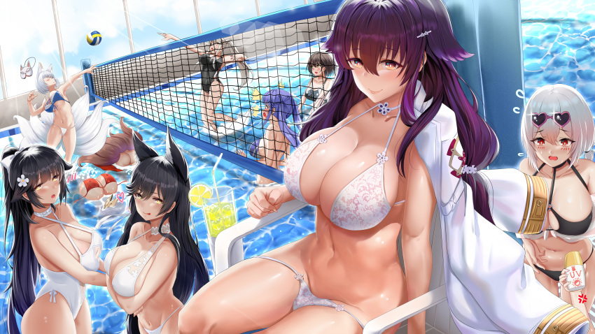 akagi_(azur_lane) anthropomorphism ass atago_(azur_lane) azuma_(azur_lane) azur_lane ball baltimore_(azur_lane) bikini black_hair blue_hair blush breasts brown_hair cape cleavage drink enterprise_(azur_lane) erect_nipples essex_(azur_lane) foxgirl kaga_(azur_lane) long_hair multiple_tails orange_eyes panty_pull piukute062 ponytail pool purple_hair red_eyes short_hair sirius_(azur_lane) sport sunglasses swimsuit taihou_(azur_lane) tail takao_(azur_lane) twintails volleyball water white_hair yellow_eyes