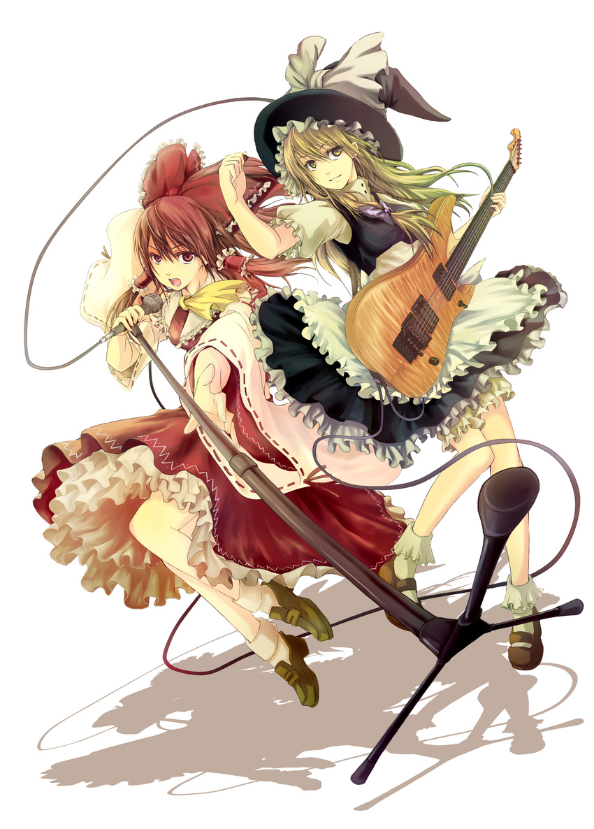 apron bangs black_hat blonde_hair bobby_socks bow braid brown_hair commentary_request detached_sleeves dress electric_guitar fisheye foreshortening frilled_apron frilled_bow frilled_dress frilled_legwear frills full_body guitar hair_bow hair_tubes hakurei_reimu hat highres holding_microphone_stand instrument kirisame_marisa loafers long_hair long_sleeves looking_at_viewer microphone microphone_stand multiple_girls music oloshi open_mouth perspective petticoat red_bow red_eyes ribbon-trimmed_sleeves ribbon_trim shadow shoes short_hair singing socks touhou white_apron white_legwear white_sleeves wide_sleeves witch_hat yellow_eyes