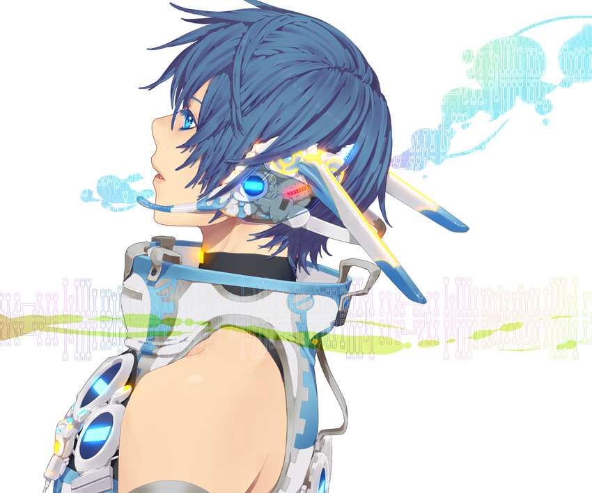 alternate_costume bad_id bad_pixiv_id blue_eyes blue_hair colored_eyelashes glowing headphones headset highres kaito male_focus nayu parted_lips profile solo upper_body vocaloid white_background
