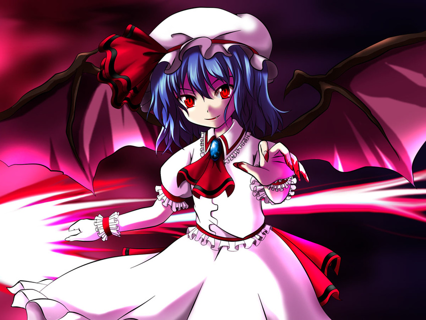 bat_wings blue_hair dress fang foreshortening frills glowing glowing_eyes grin hat kuroma_(no_plan) red_eyes remilia_scarlet ribbon short_hair smile solo spear_the_gungnir touhou wings wrist_cuffs