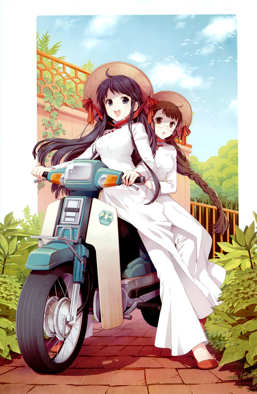 absurdres black_hair blue_eyes braid brown_eyes brown_hair bush day dress duplicate glasses ground_vehicle happy hat highres long_hair moped motor_vehicle multiple_girls multiple_riders nardack open_mouth original outdoors pants ribbon scooter sidesaddle single_braid smile straw_hat teeth vietnamese_dress white_dress