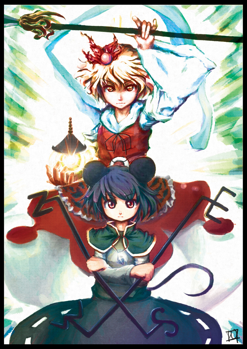 absurdres animal_ears bishamonten's_pagoda grey_hair hair_ornament highres jewelry mouse_ears mouse_tail multiple_girls nazrin noel8890 pendant polearm red_eyes shawl short_hair tail toramaru_shou touhou weapon yellow_eyes