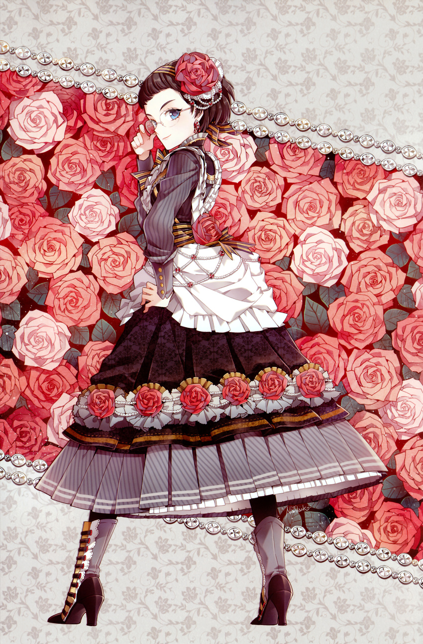 absurdres blue_eyes boots brown_hair bustle cross-laced_footwear dress earrings floral_print flower full_body gem glasses gown hair_bun hair_ornament hand_on_hip highres jewelry lace-up_boots looking_back nardack original pearl petticoat rose smile solo victorian