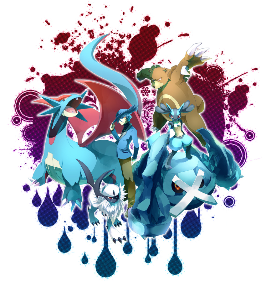 absol claws creature cross dragon dripping fang gen_(pokemon) gen_2_pokemon gen_3_pokemon gen_4_pokemon highres ink lucario metagross mevi626 open_mouth pokemon pokemon_(creature) salamence simple_background teeth ursaring white_background wings