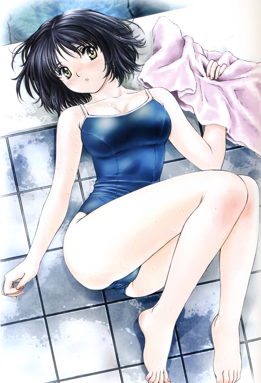 absurdres barefoot black_hair feet highres kobayashi_hiyoko lying non-web_source official_art oku-sama_wa_joshi_kousei on_back one-piece_swimsuit onohara_asami short_hair solo swimsuit towel wet