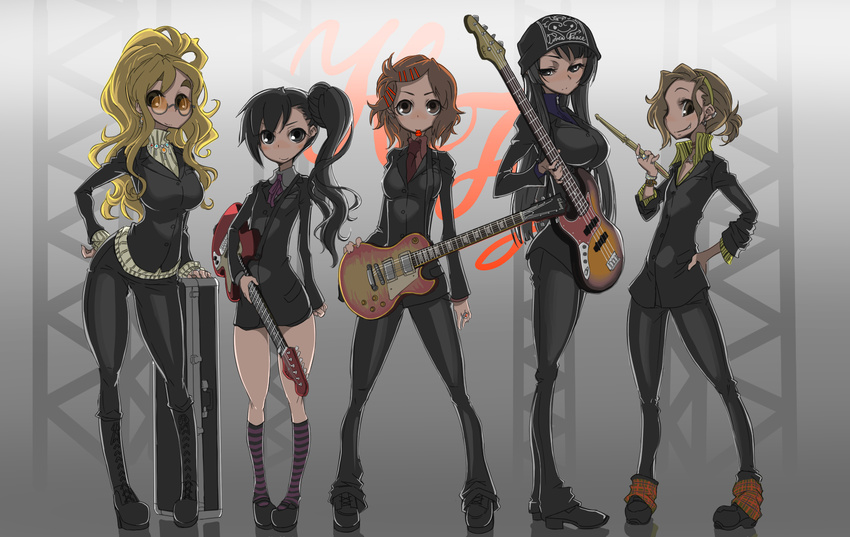 akiyama_mio black_eyes black_hair blonde_hair boots brown_eyes brown_hair cross-laced_footwear drumsticks highres hirasawa_yui indee k-on! kotobuki_tsumugi lace-up_boots long_hair multiple_girls nakano_azusa pantyhose short_hair side_ponytail skin_tight sunglasses tainaka_ritsu