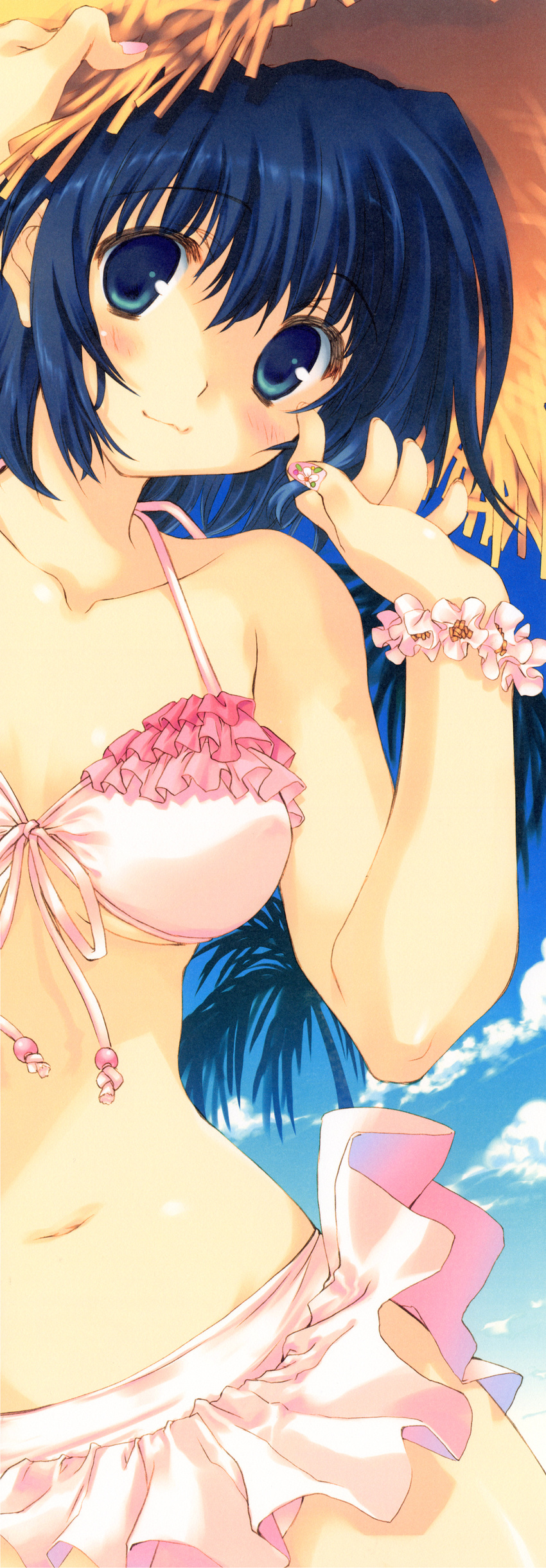 :3 absurdres bare_shoulders bikini blue_eyes blue_hair blush bracelet breasts cleavage close-up frilled_bikini frills front-tie_top hat highres jewelry medium_breasts mitsumi_misato navel short_hair solo straw_hat swimsuit