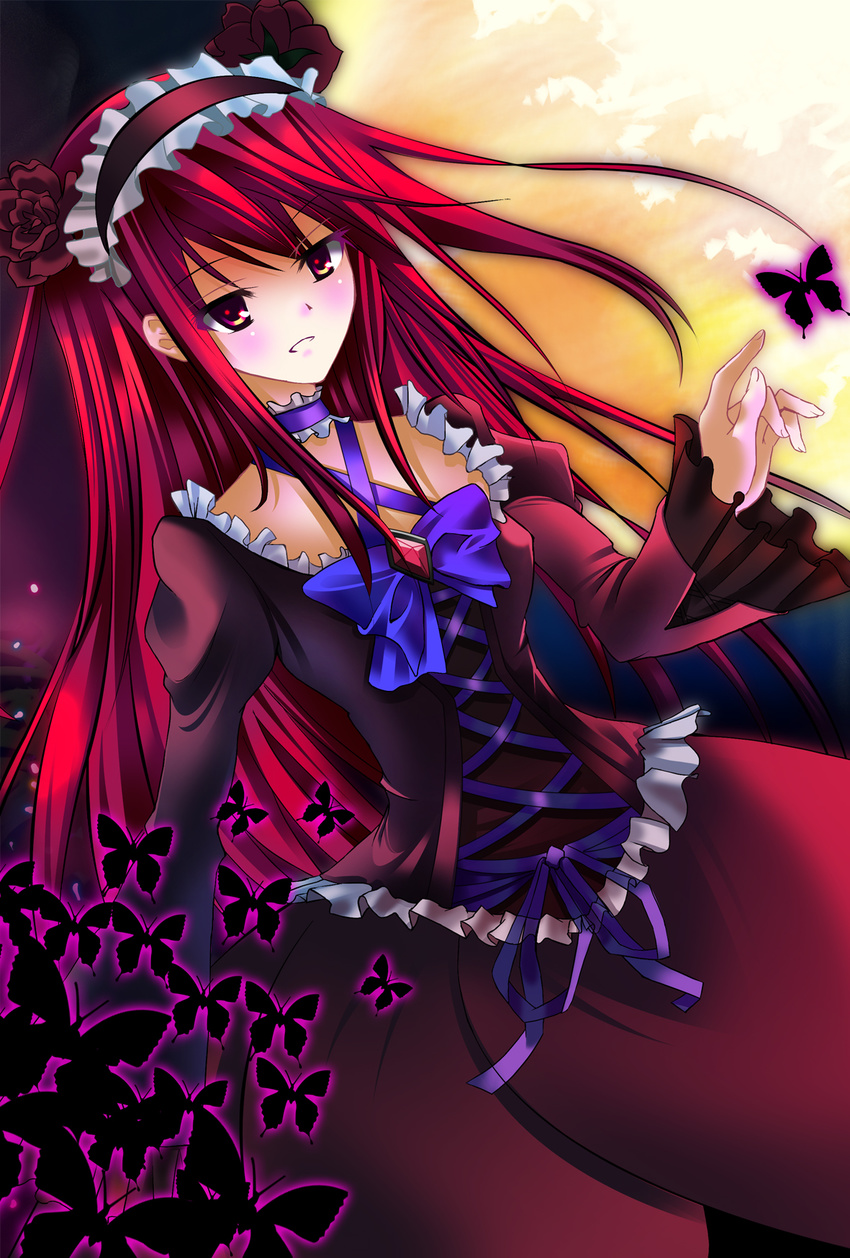 bug butterfly choker dark_cure_(yes!_precure_5) dark_dream dress flower formal gothic_lolita hair_flower hair_ornament hairband highres insect lolita_fashion lolita_hairband long_hair naughty_face precure red_eyes red_hair shiraha solo yes!_precure_5