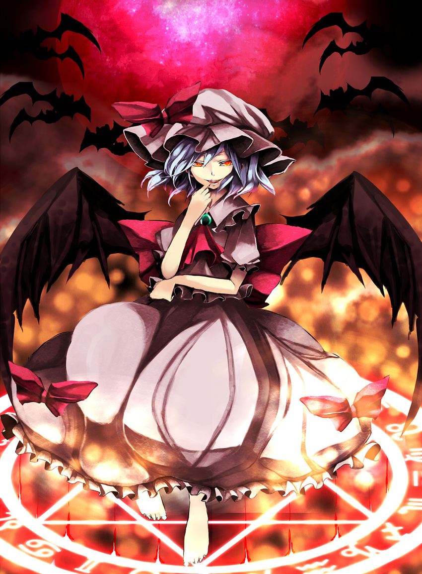 bad_id bad_pixiv_id barefoot bat_wings hat highres red_eyes remilia_scarlet short_hair solo touhou wings yukibina