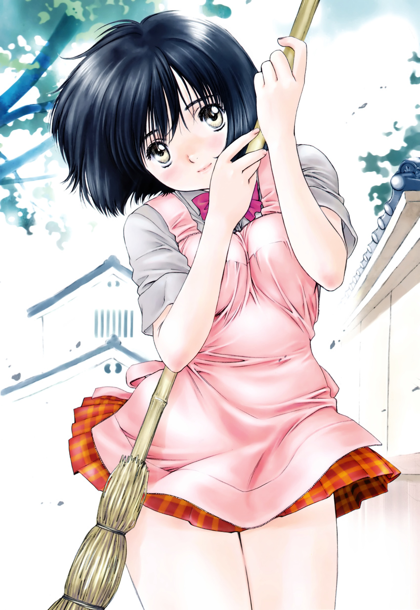 absurdres apron bamboo_broom black_hair bow bowtie breast_squeeze breasts broom highres kobayashi_hiyoko large_breasts non-web_source official_art oku-sama_wa_joshi_kousei onohara_asami school_uniform short_hair solo