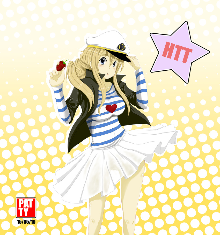 blonde_hair blue_eyes food fruit hat heart highres holding holding_food holding_fruit k-on! kotobuki_tsumugi listen!! long_hair patty_(artist) peaked_cap polka_dot ponytail sailor_hat shirt skirt solo star strawberry striped striped_shirt