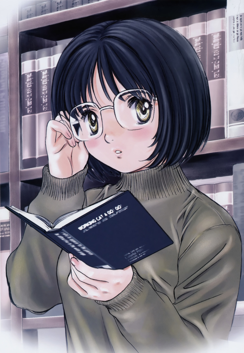 absurdres adjusting_eyewear black_hair blush book bookshelf glasses highres kobayashi_hiyoko library non-web_source official_art oku-sama_wa_joshi_kousei onohara_asami reading short_hair solo sweater