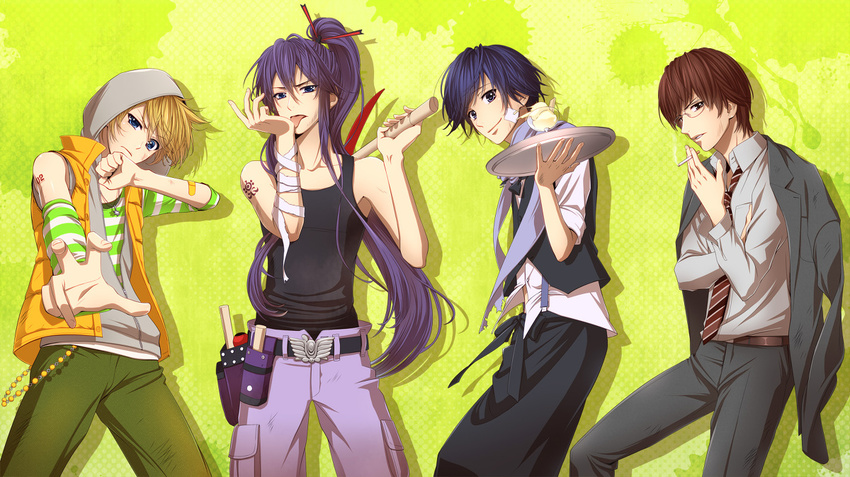 black_hair blonde_hair blue_hair cigarette food formal glasses hands hima_(ab_gata) hiyama_kiyoteru hood kagamine_len kaito kamui_gakupo licking male_focus multiple_boys pants ponytail purple_hair smoking suit tongue vocaloid waiter