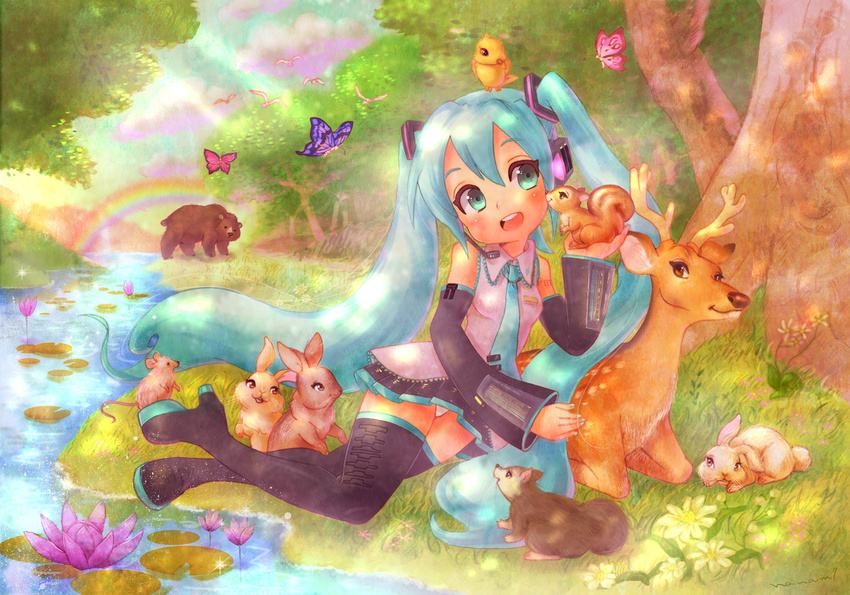 animal aqua_eyes aqua_hair bear bird blush bug bunny butterfly cloud deer detached_sleeves grass hatsune_miku headset insect kiss long_hair lying mouse nanami_tomorou nature necktie panties rainbow skirt sky solo squirrel thighhighs tree twintails underwear very_long_hair vocaloid water