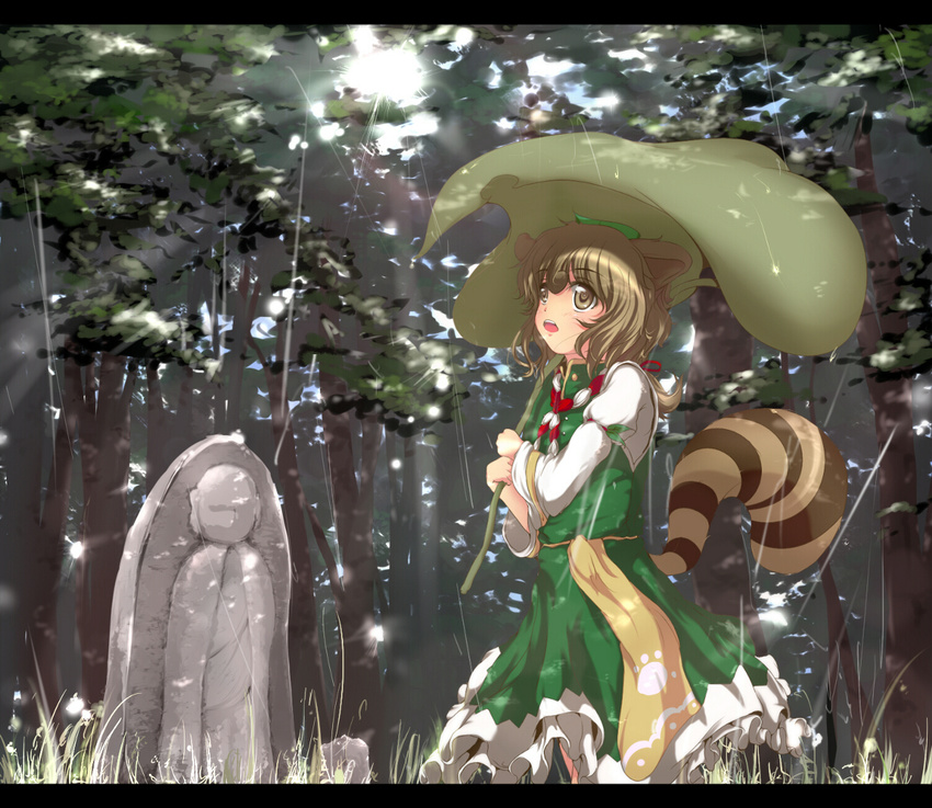 animal_ears aruu_(memories) bad_id bad_pixiv_id forest jizou leaf letterboxed nature rain roku_(touhou) solo statue sunlight touhou umbrella