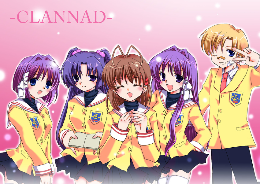 4girls bandages blonde_hair blue_eyes blue_hair book brown_hair clannad closed_eyes fujibayashi_kyou fujibayashi_ryou furukawa_nagisa highres hikarizaka_private_high_school_uniform ichinose_kotomi kurumi_rumi long_hair multiple_girls purple_hair school_uniform short_hair siblings sisters sunohara_youhei thighhighs twins