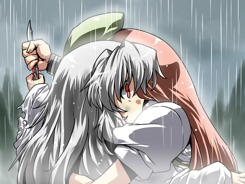 alternate_hairstyle blood highres hong_meiling hug izayoi_sakuya knife long_hair multiple_girls rain red_eyes red_hair touhou tsuki_wani white_hair