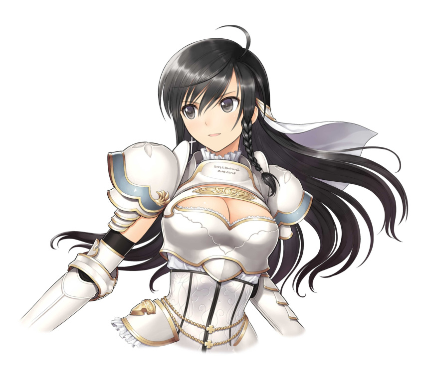 1girl armor bangs black_gloves braid breastplate breasts cleavage cross cross_earrings earrings elbow_gloves eyebrows_visible_through_hair gauntlets gloves grey_eyes hair_between_eyes highres jewelry long_hair looking_away medium_breasts official_art open_mouth shining_(series) shining_resonance shiny shiny_hair shoulder_armor shoulder_pads sidelocks simple_background solo sonia_branche tanaka_takayuki upper_body white_background