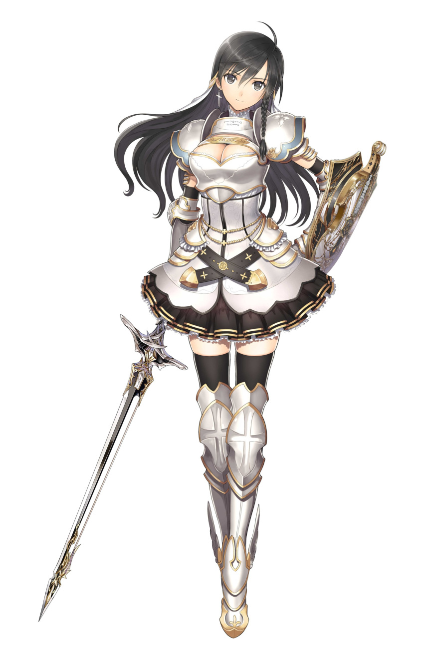 1girl absurdres armor armored_boots bangs black_legwear black_skirt boobplate boots braid breastplate breasts cleavage cross cross_earrings earrings elbow_gloves eyebrows_visible_through_hair full_body gauntlets gloves grey_eyes hair_between_eyes hand_on_hip head_tilt highres holding holding_sword holding_weapon jewelry long_hair looking_at_viewer medium_breasts official_art shield shining_(series) shining_resonance shiny shiny_hair shoulder_armor shoulder_pads sidelocks simple_background skirt smile solo sonia_branche standing sword tanaka_takayuki thighhighs weapon white_background zettai_ryouiki