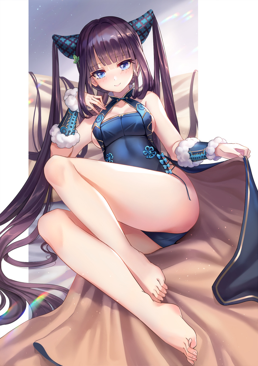 1girl bangs bare_shoulders barefoot black_dress blue_eyes blunt_bangs blush breasts china_dress chinese_clothes cleavage closed_mouth detached_sleeves dress fate/grand_order fate_(series) feet hair_ornament highres lalazyt large_breasts leaf_hair_ornament leaning_back legs light_particles long_hair looking_at_viewer purple_hair revision sidelocks sitting smile solo thighs toes twintails very_long_hair yang_guifei_(fate/grand_order)