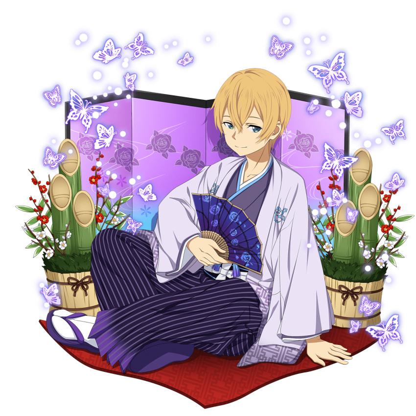 1boy arm_support blonde_hair blue_eyes blue_hakama closed_mouth collarbone eugeo fan floral_print hakama haori highres holding holding_fan japanese_clothes long_sleeves male_focus sitting smile solo striped sword_art_online vertical_stripes