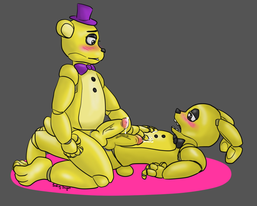 5:4 animatronic balls barkingdragon blush bodily_fluids cum five_nights_at_freddy's fredbear_(fnaf) genital_fluids genitals lagomorph leporid machine male male/male mammal penis rabbit robot spring_bonnie_(fnaf) ursid video_games