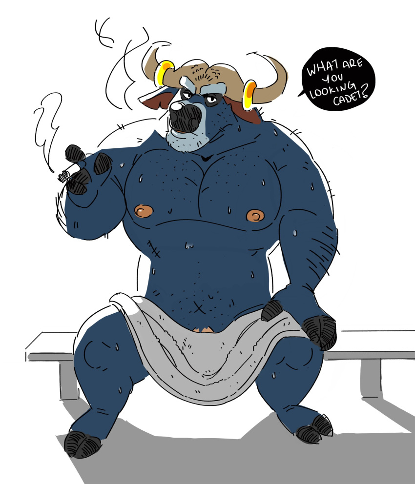 2020 anthro blue_body bovid bovine burrnie cape_buffalo chief_bogo disney english_text genitals hi_res male mammal navel nipples penis sitting solo text towel zootopia